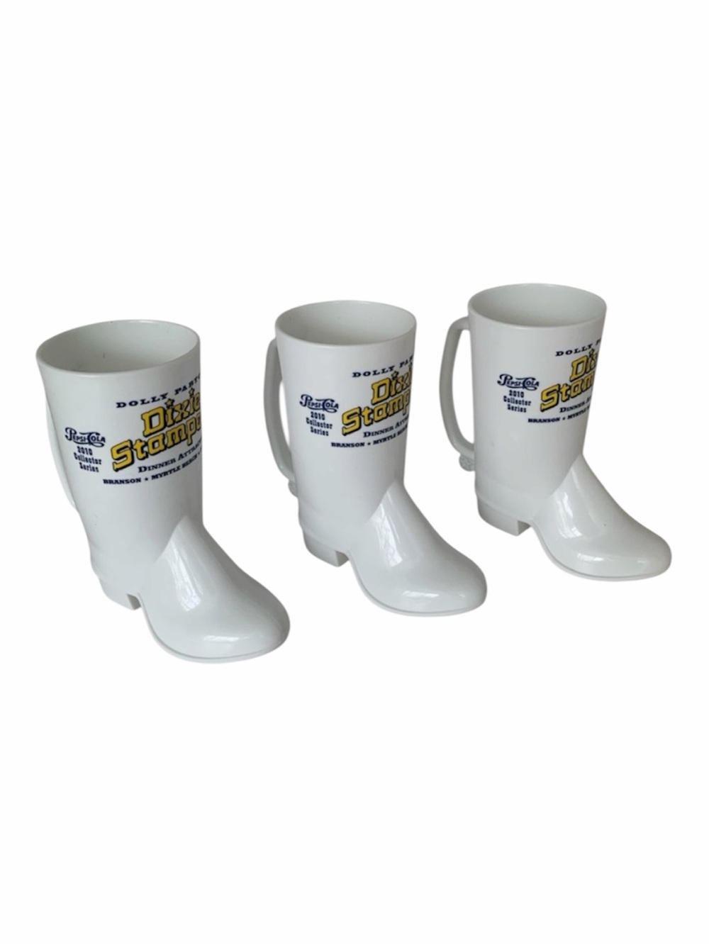 Boot-Shaped Dixie Stampede Plastic Mugs With Handles Dolly Parton White Set of 3